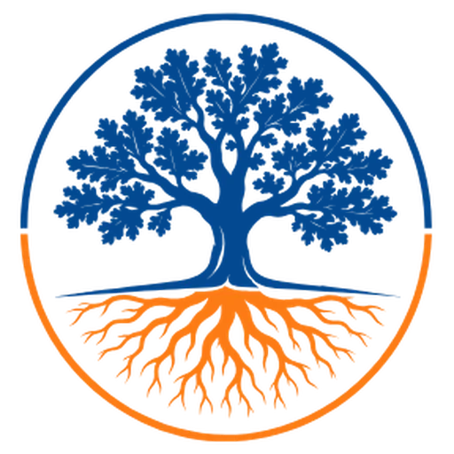 The Oak Risk Group mark: an oak with a blue canopy above the line and orange roots below it.